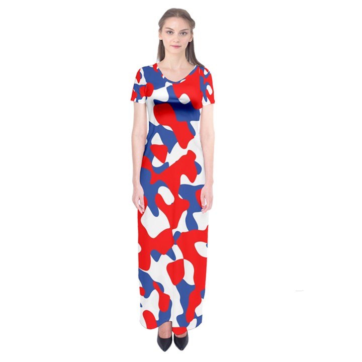 Red White Blue Camouflage Pattern Short Sleeve Maxi Dress