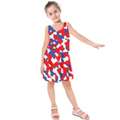 Red White Blue Camouflage Pattern Kids  Sleeveless Dress by SpinnyChairDesigns