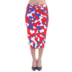 Red White Blue Camouflage Pattern Velvet Midi Pencil Skirt by SpinnyChairDesigns