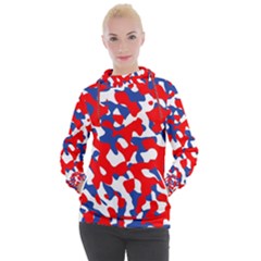 Red White Blue Camouflage Pattern Women s Hooded Pullover by SpinnyChairDesigns