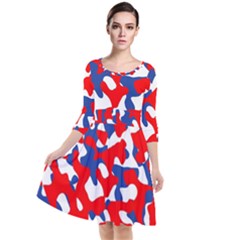 Red White Blue Camouflage Pattern Quarter Sleeve Waist Band Dress by SpinnyChairDesigns