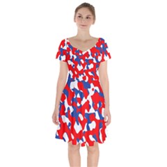 Red White Blue Camouflage Pattern Short Sleeve Bardot Dress by SpinnyChairDesigns