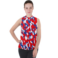 Red White Blue Camouflage Pattern Mock Neck Chiffon Sleeveless Top by SpinnyChairDesigns