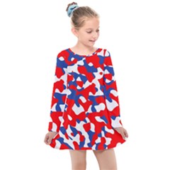 Red White Blue Camouflage Pattern Kids  Long Sleeve Dress by SpinnyChairDesigns