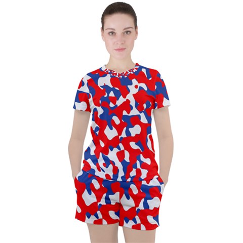 Red White Blue Camouflage Pattern Women s Tee And Shorts Set by SpinnyChairDesigns