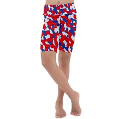 Red White Blue Camouflage Pattern Kids  Lightweight Velour Cropped Yoga Leggings by SpinnyChairDesigns