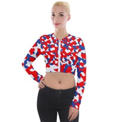 Red White Blue Camouflage Pattern Long Sleeve Cropped Velvet Jacket by SpinnyChairDesigns