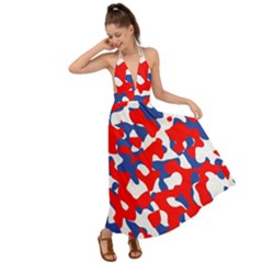 Red White Blue Camouflage Pattern Backless Maxi Beach Dress by SpinnyChairDesigns