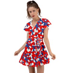 Red White Blue Camouflage Pattern Flutter Sleeve Wrap Dress by SpinnyChairDesigns