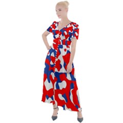 Red White Blue Camouflage Pattern Button Up Short Sleeve Maxi Dress by SpinnyChairDesigns