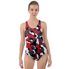 Black Red White Camouflage Pattern Cut-out Back One Piece Swimsuit by SpinnyChairDesigns