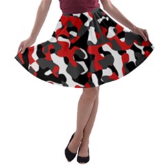 Black Red White Camouflage Pattern A-line Skater Skirt by SpinnyChairDesigns