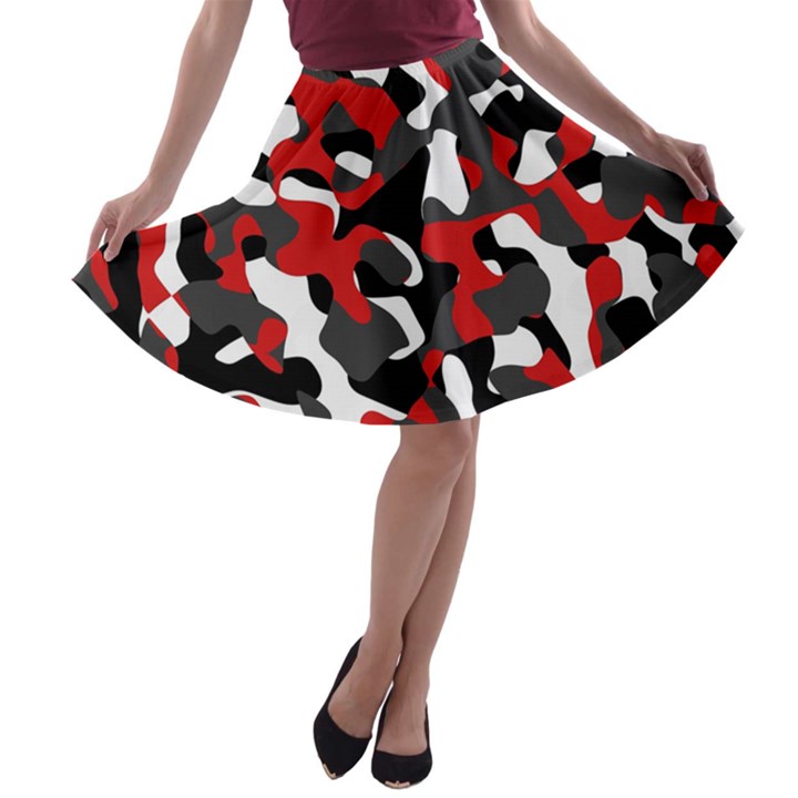 Black Red White Camouflage Pattern A-line Skater Skirt