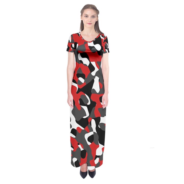 Black Red White Camouflage Pattern Short Sleeve Maxi Dress