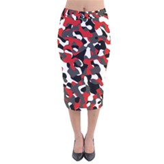 Black Red White Camouflage Pattern Velvet Midi Pencil Skirt by SpinnyChairDesigns