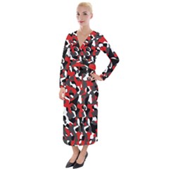 Black Red White Camouflage Pattern Velvet Maxi Wrap Dress by SpinnyChairDesigns