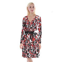 Black Red White Camouflage Pattern Long Sleeve Velvet Front Wrap Dress by SpinnyChairDesigns