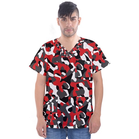 Black Red White Camouflage Pattern Men s V-neck Scrub Top by SpinnyChairDesigns