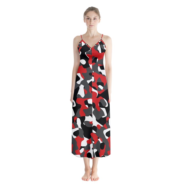 Black Red White Camouflage Pattern Button Up Chiffon Maxi Dress