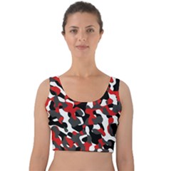 Black Red White Camouflage Pattern Velvet Crop Top by SpinnyChairDesigns