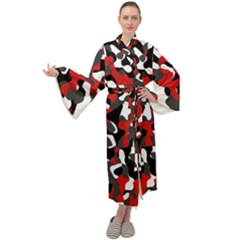 Black Red White Camouflage Pattern Maxi Velour Kimono by SpinnyChairDesigns