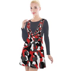 Black Red White Camouflage Pattern Plunge Pinafore Velour Dress by SpinnyChairDesigns