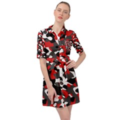 Black Red White Camouflage Pattern Belted Shirt Dress by SpinnyChairDesigns