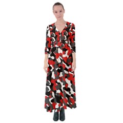 Black Red White Camouflage Pattern Button Up Maxi Dress by SpinnyChairDesigns