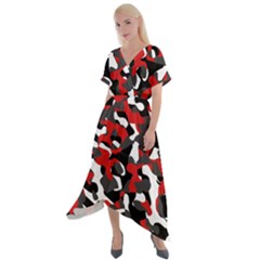 Black Red White Camouflage Pattern Cross Front Sharkbite Hem Maxi Dress