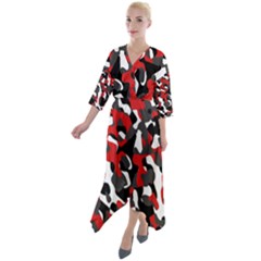 Black Red White Camouflage Pattern Quarter Sleeve Wrap Front Maxi Dress by SpinnyChairDesigns