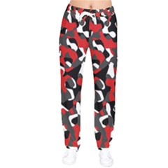 Black Red White Camouflage Pattern Women Velvet Drawstring Pants by SpinnyChairDesigns