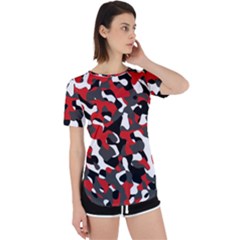 Black Red White Camouflage Pattern Perpetual Short Sleeve T-shirt by SpinnyChairDesigns