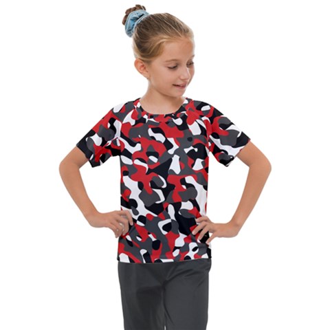 Black Red White Camouflage Pattern Kids  Mesh Piece Tee by SpinnyChairDesigns