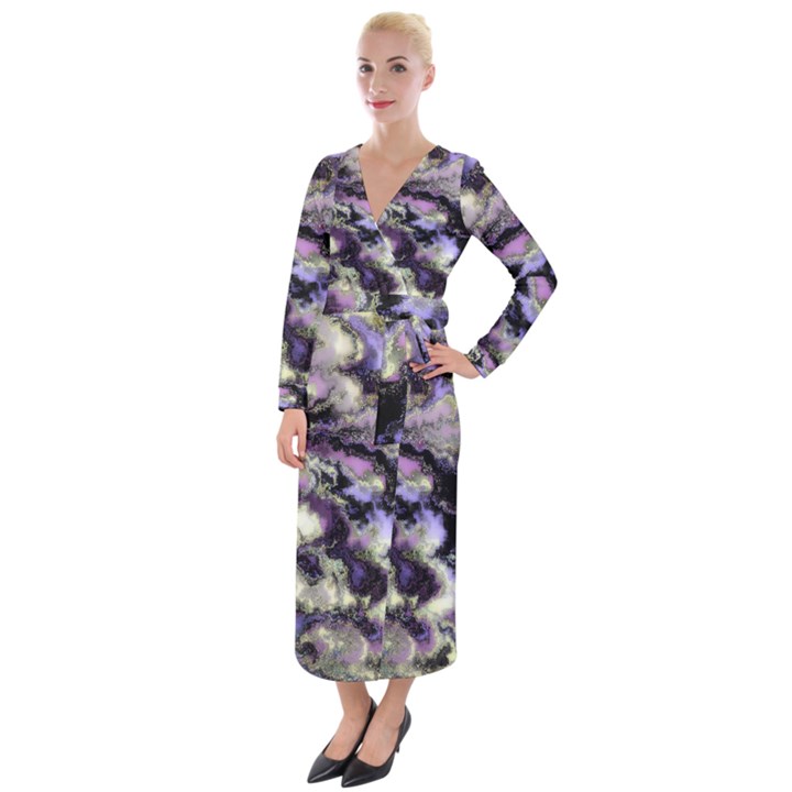 Purple Yellow Marble Velvet Maxi Wrap Dress