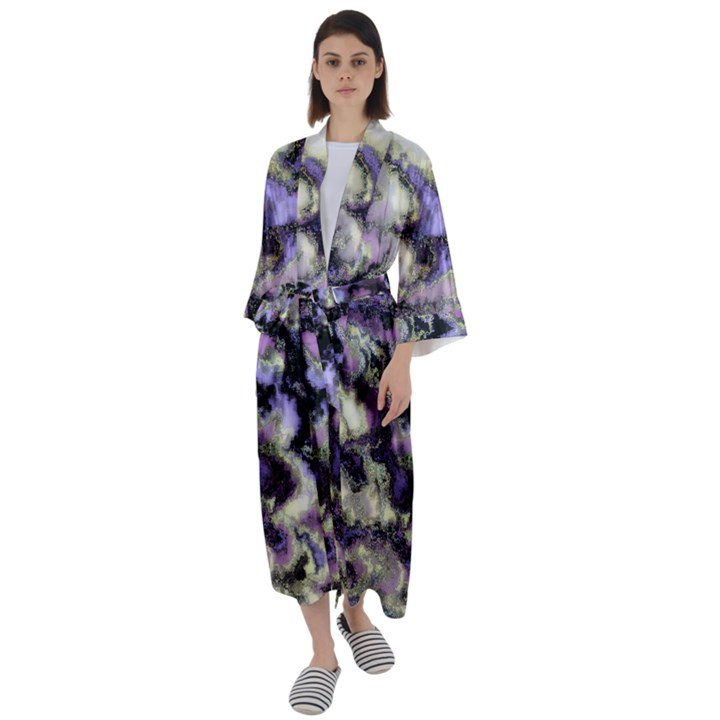 Purple Yellow Marble Maxi Satin Kimono