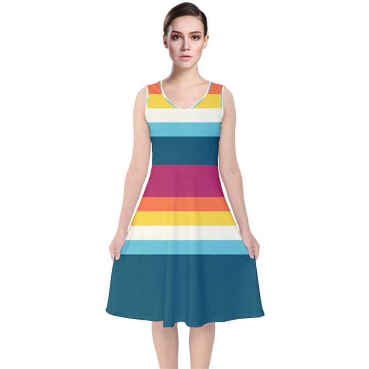 70s Vintage Stripes V-Neck Midi Sleeveless Dress 