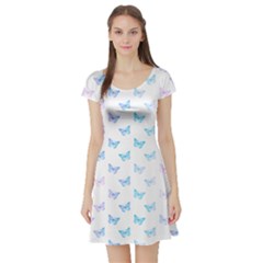 Light Blue Pink Butterflies Pattern Short Sleeve Skater Dress by SpinnyChairDesigns