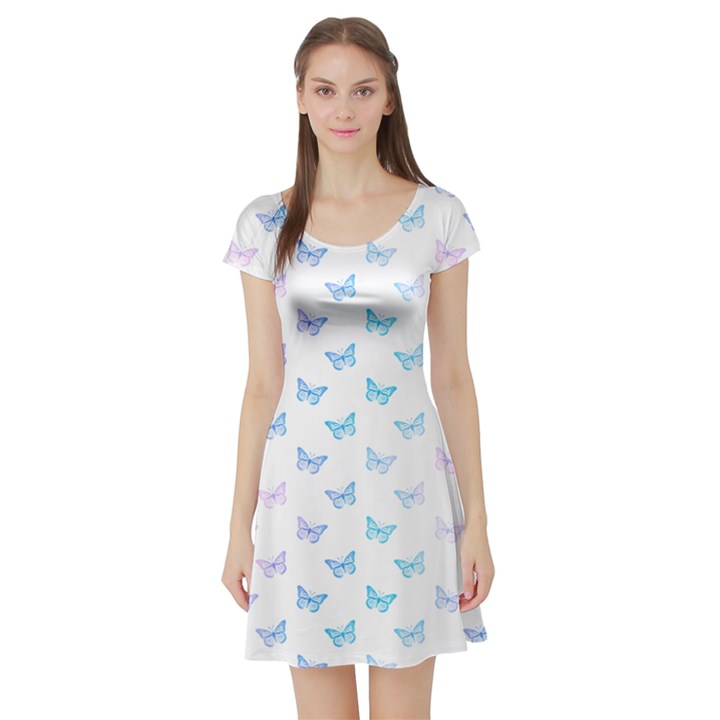 Light Blue Pink Butterflies Pattern Short Sleeve Skater Dress