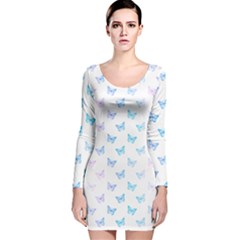 Light Blue Pink Butterflies Pattern Long Sleeve Velvet Bodycon Dress by SpinnyChairDesigns