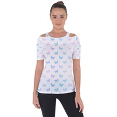 Light Blue Pink Butterflies Pattern Shoulder Cut Out Short Sleeve Top by SpinnyChairDesigns