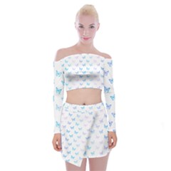 Light Blue Pink Butterflies Pattern Off Shoulder Top With Mini Skirt Set by SpinnyChairDesigns