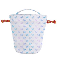 Light Blue Pink Butterflies Pattern Drawstring Bucket Bag by SpinnyChairDesigns