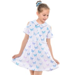 Light Blue Pink Butterflies Pattern Kids  Short Sleeve Shirt Dress by SpinnyChairDesigns