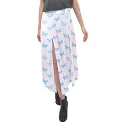 Light Blue Pink Butterflies Pattern Velour Split Maxi Skirt by SpinnyChairDesigns