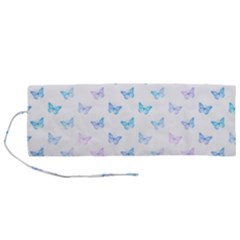 Light Blue Pink Butterflies Pattern Roll Up Canvas Pencil Holder (m) by SpinnyChairDesigns