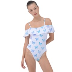 Light Blue Pink Butterflies Pattern Frill Detail One Piece Swimsuit by SpinnyChairDesigns