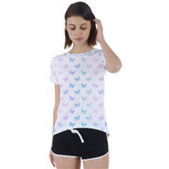 Light Blue Pink Butterflies Pattern Short Sleeve Foldover Tee