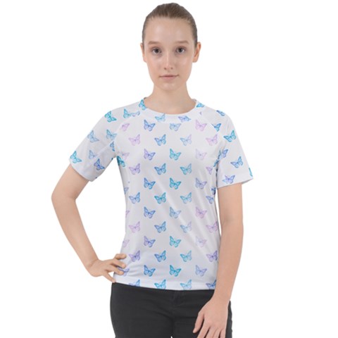 Light Blue Pink Butterflies Pattern Women s Sport Raglan Tee by SpinnyChairDesigns