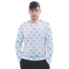 Light Blue Pink Butterflies Pattern Men s Long Sleeve Raglan Tee