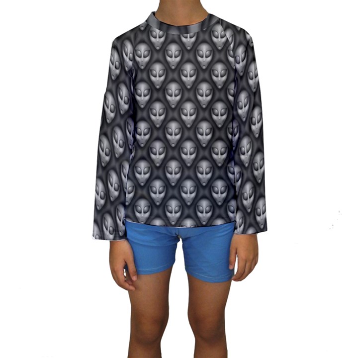 Grey Aliens Extraterrestrials UFO Faces Kids  Long Sleeve Swimwear